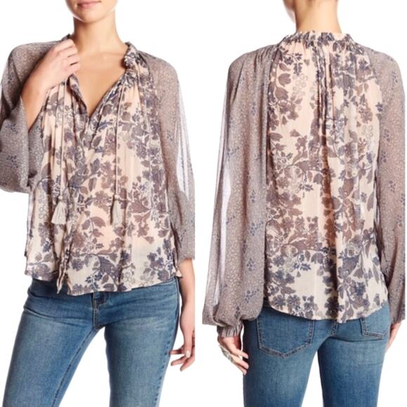 FREE PEOPLE Tassel Top Neutral Cream Floral Blouse Top Shirt – Small - Picture 12 of 13